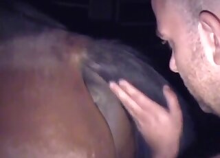 Bald-headed motherfucker wants to fuck a brown mare's huge pussy