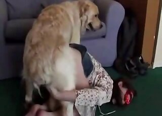 Red masks hottie in a denim skirt gets her pussy fucked by a dog