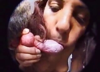 Redheaded gal loses control as she deepthroats dog's cock on the floor