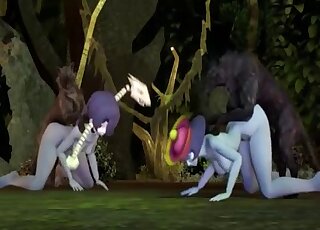 Cartoon girls get doggy-style fucked by wild wolves in a foursome