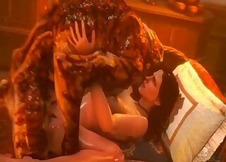 Une bête extraterrestre domine le vagin d'une brune animée en position du missionnaire