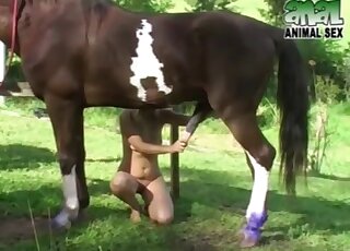 Elle chevauche un godemichet enfoui dans l'herbe tout en suçant un gros cheval à bite