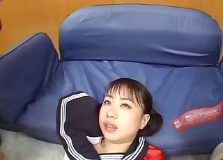 Une adolescente japonaise habillée suce la bite du chien jusqu'à la dernière goutte