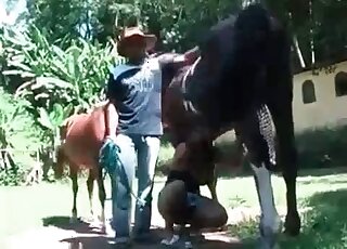 Attractive women enjoying the taste of that animal's penis outdoors