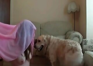 Dog explores and licks pussy of a hot wife before the eyes of amazed cat