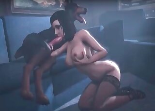 Une femme mignonne aux gros seins suce la longue et énorme bite d'un chien en rut