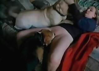 Sexy blonde in red pants gets pounded by her dog in bestiality scene